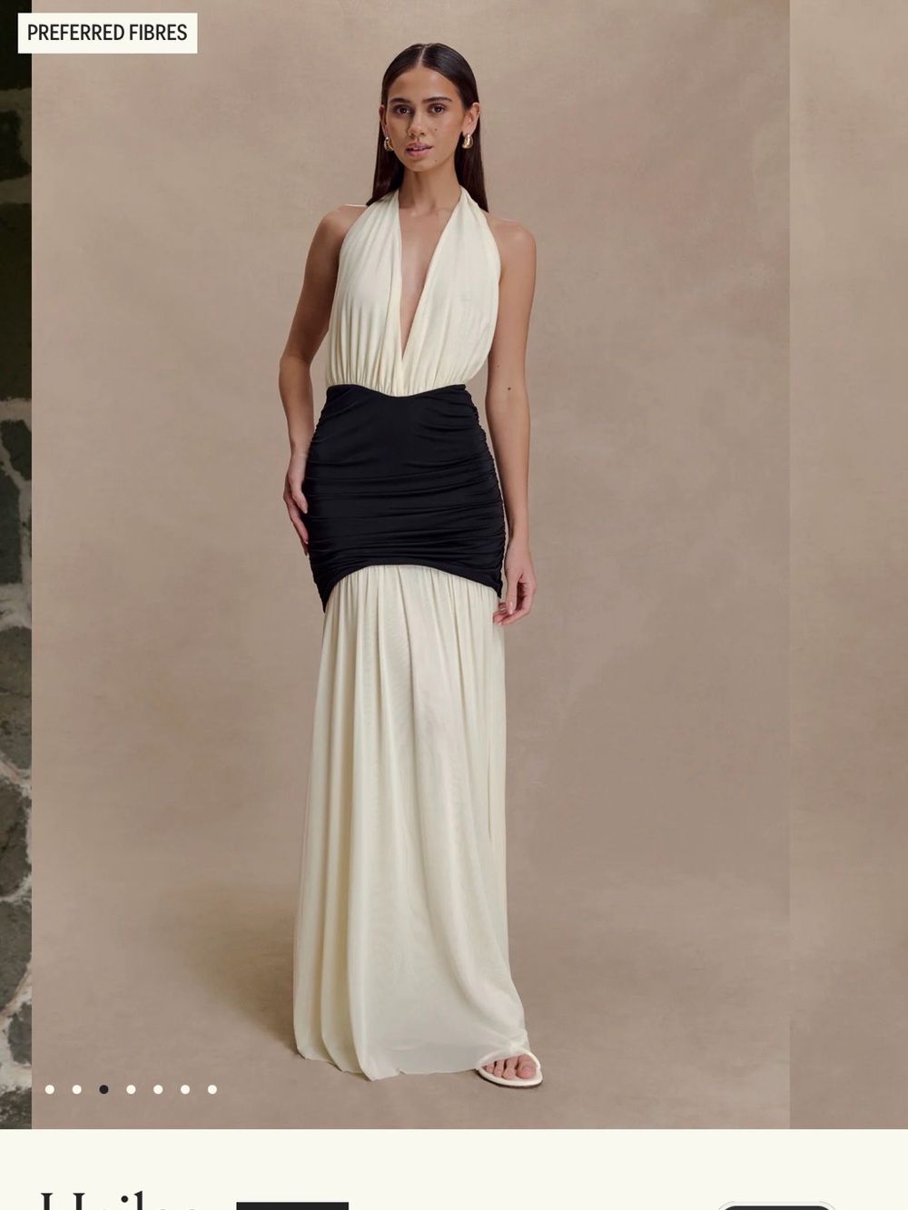 Meshki Ivory Halter Maxi Gown with Black Ruched Waist